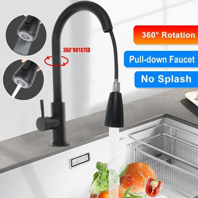 Выдвижные кухонные смесители Ручка 2 режима воды Кухонный кран Ручка с отверстием Вращающийся на 360 градусов Смеситель воды Серебристый / Черный Новый