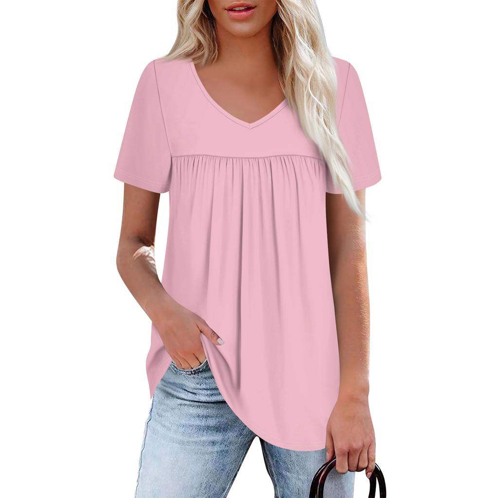 Women's Casual V-Neck Short Sleeve Chest Ruffle Solid Color Top