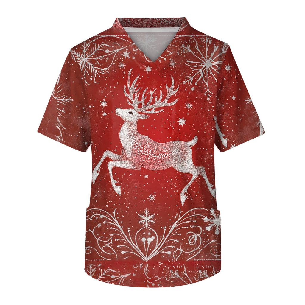 Мужской топ с коротким рукавом, V-образным вырезом, рождественским принтом и нагрудным карманом