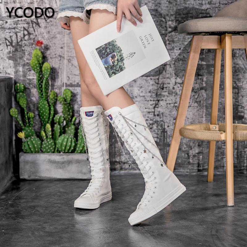 Spring Autumn Women Boots Canvas Mid Calf Boots Casual High Top Shoes Long Boots Lace Up Zipper Comfortable Flat Boots Size 34-43