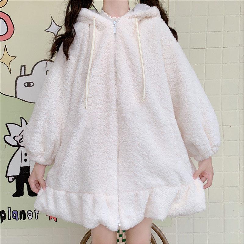 Толстовки Kawaii на молнии, женские зимние негабаритные теплые толстовки с заячьими ушками, милые