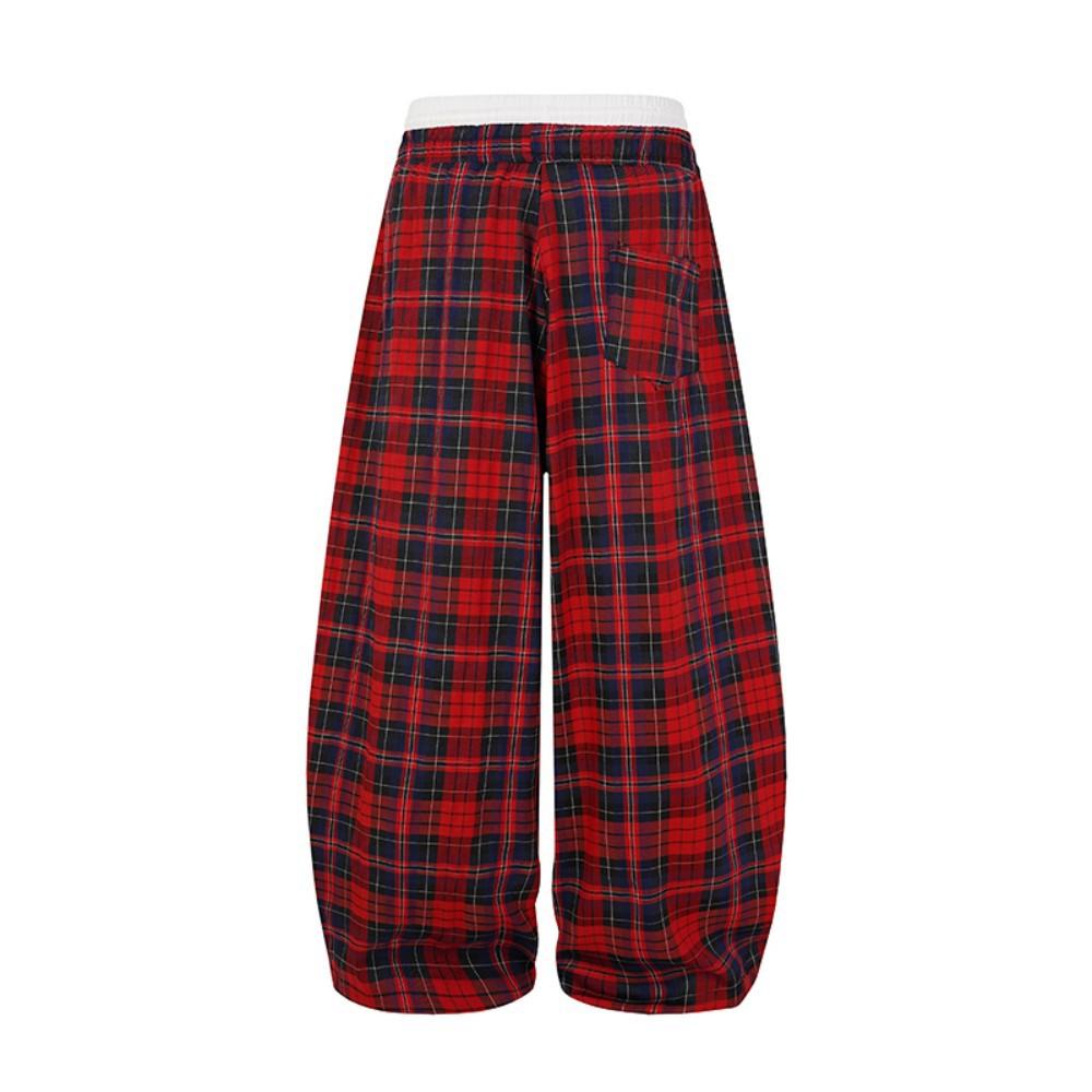 American retro lazy wind drawstring red plaid pants spring and autumn new men's and women's loose wide-leg pants