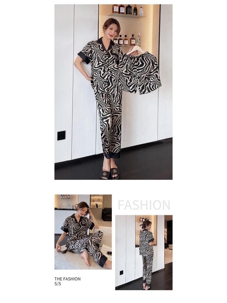 Ice Silk Couple Pajamas: Summer Silk Three-Piece Set with Short Sleeve, Shorts, and Long Pants In Elegant Horse Pattern for Homewear.