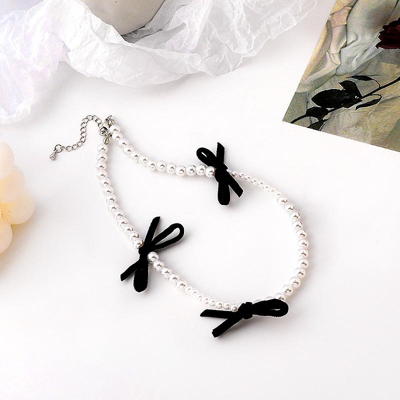 Women Pearl Bowknot Necklace Choker Elegant Ribbon Black Sweet Y2K Jewelry Adjustable