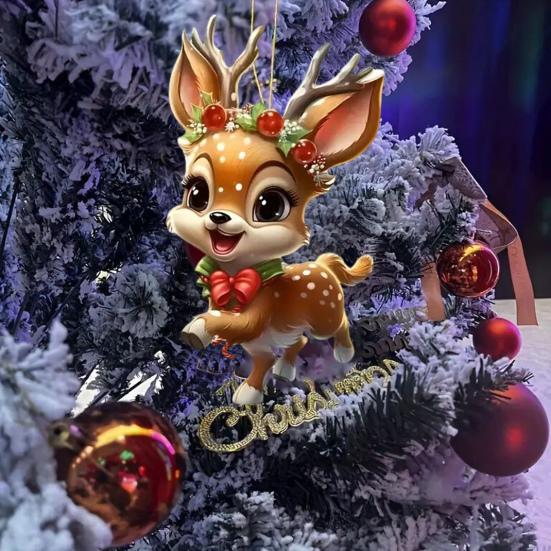 Christmas Elk Ornament Flat Acrylic Hanging Decoration Cartoon Deer Festive Pendant for Christmas Tree Car Interior Rearview Mirror Decor