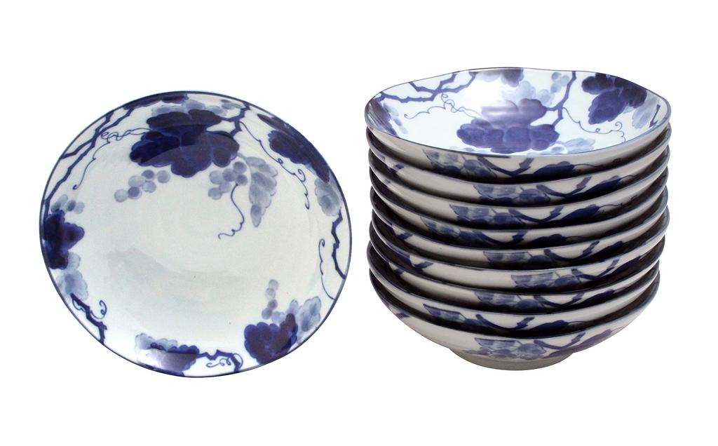 Castle Enterprise Kyoto Obanzai-ya-san Series Indigo Grape Rokuhei Shallow Bowls, Set of 10, Size: 17cm Diameter X 4.9cm Thick