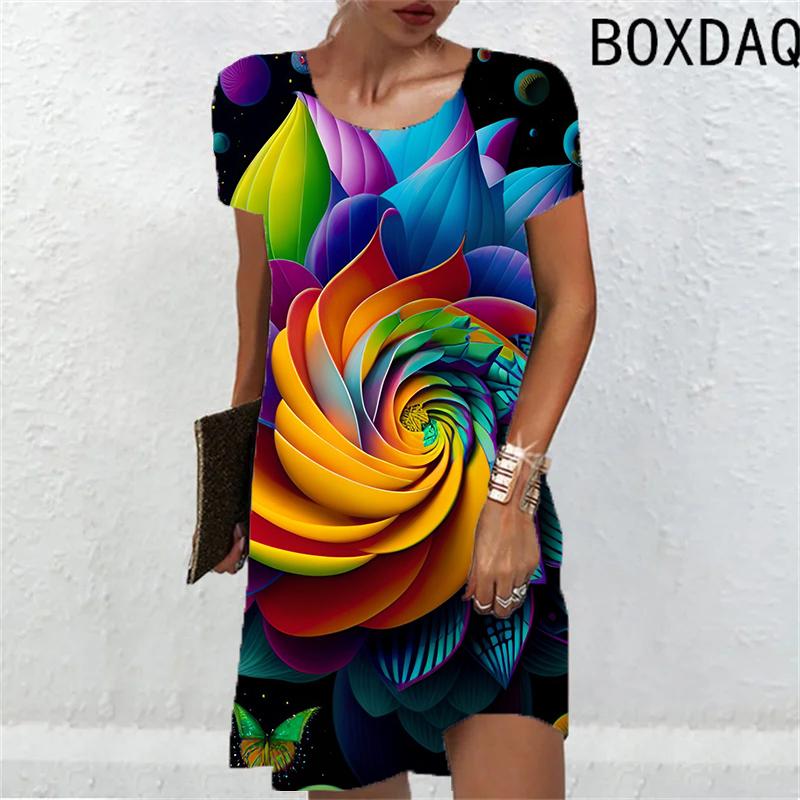 2025 New Women Dresses Fashion Summer Flower Print Short Sleeve Dress Casual 3D Print Loose A-Line Dress Street Wear Ladies