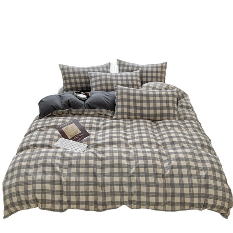 Simple retro thickened linen wrinkled yarn plaid bed four-piece set skin-friendly washed cotton quilt cover bed sheet mattress model