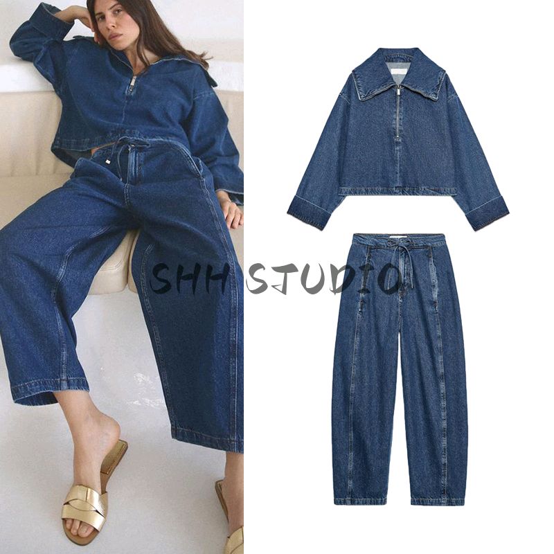 Zipper Denim Short Jacket 6147064 Cotton Tied High Waist All-Matching Jeans 6147065