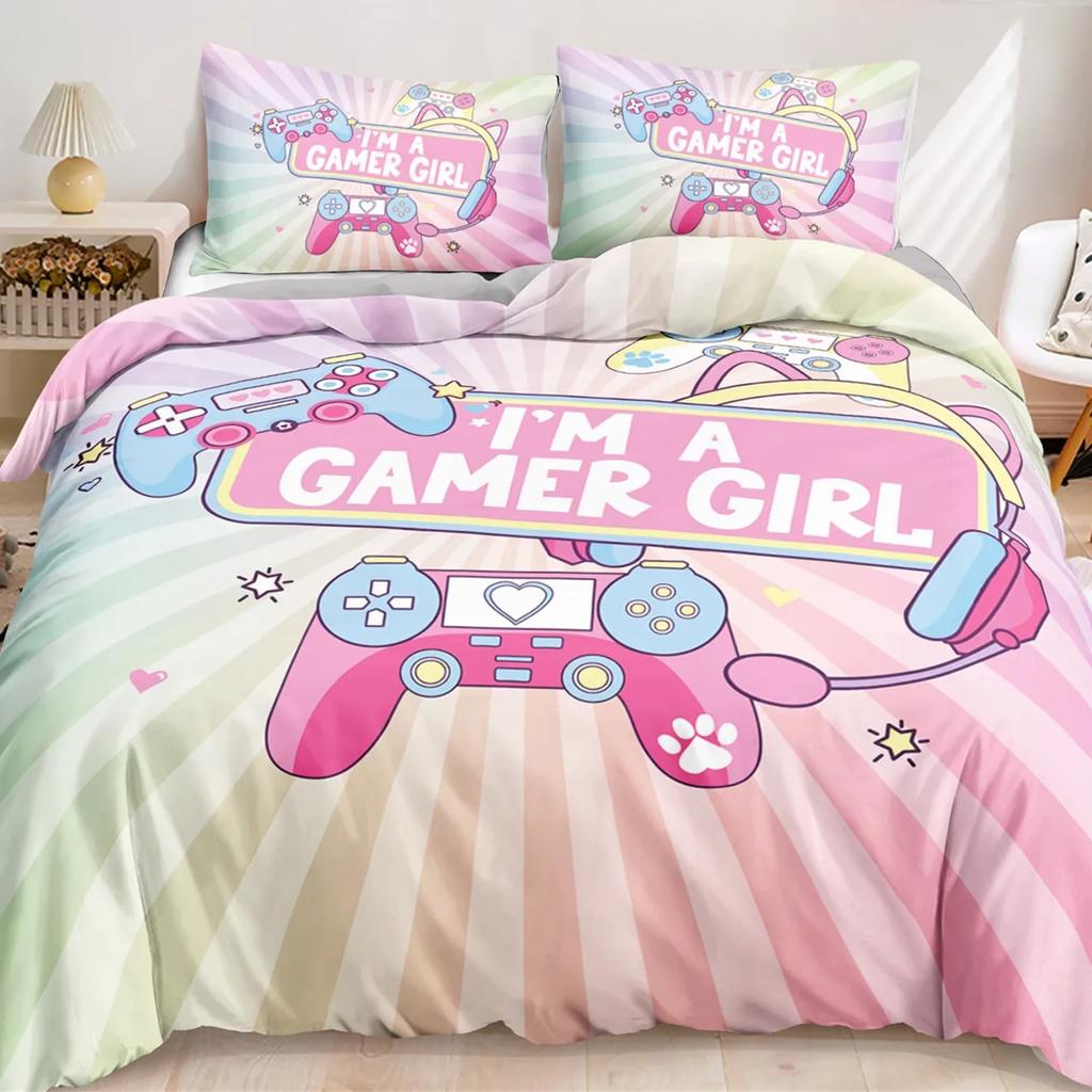 Комплект пододеяльников для игр, розовый геймпад, контроллер, комплект постельного белья королевского размера, милый пододеяльник с узором «Я геймер для девочек» в радужную полоску