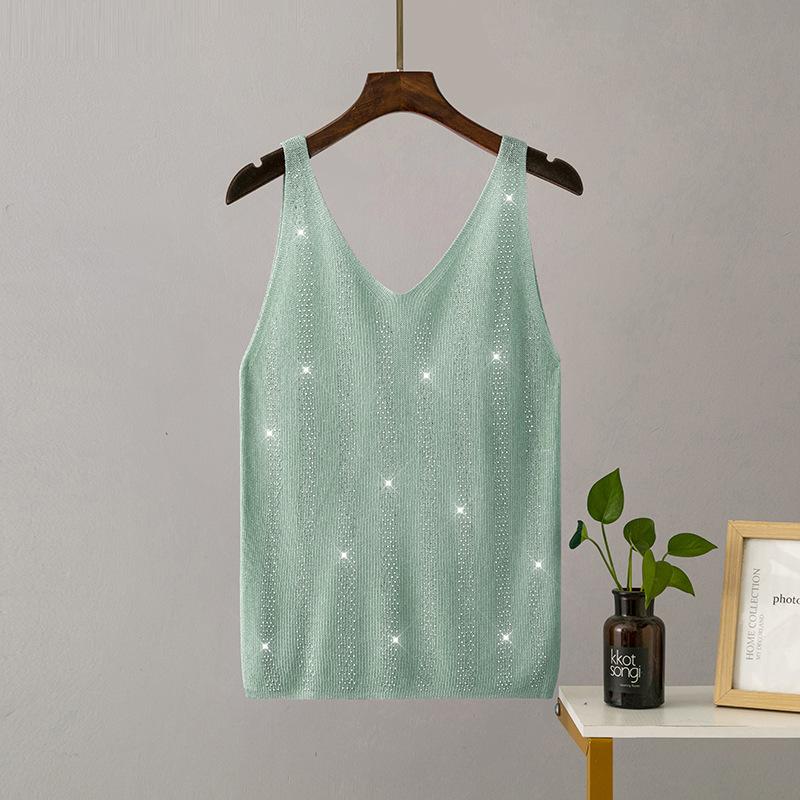 Женская летняя вязаная майка из ледяного шелка с яркой нитью и V-образным вырезом, облегающая майка