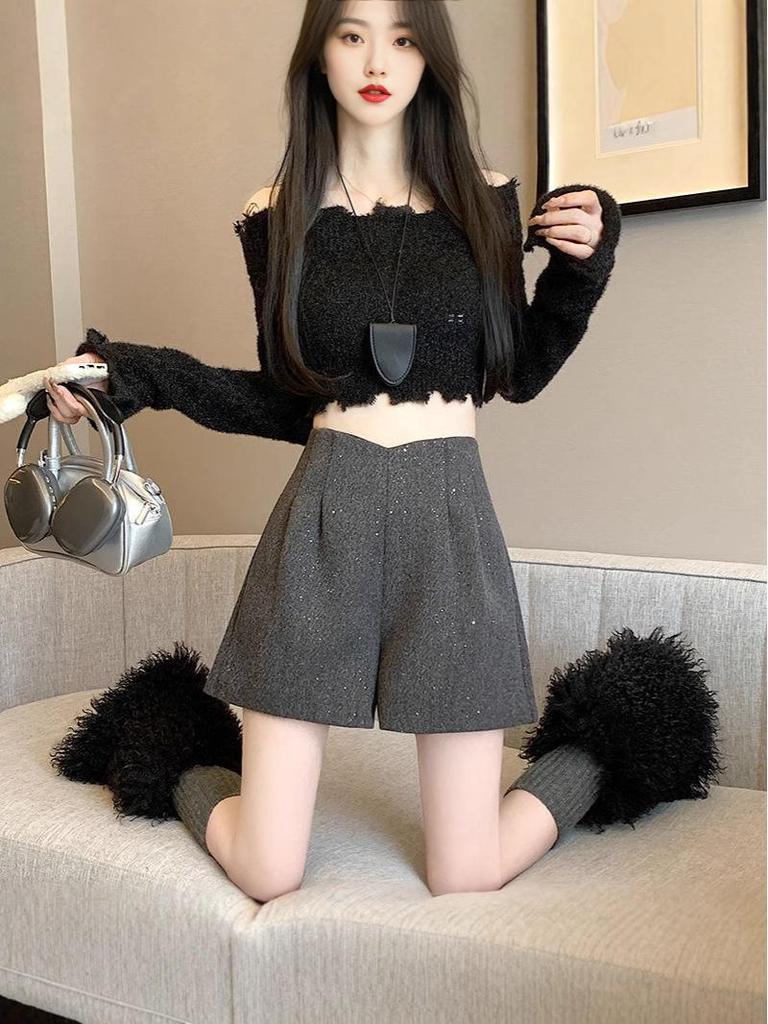 Мерцающие черные брюки клеш с пайетками и шерстяные шорты А-силуэта с высокой посадкой для женщин - Коллекция Осень/Зима