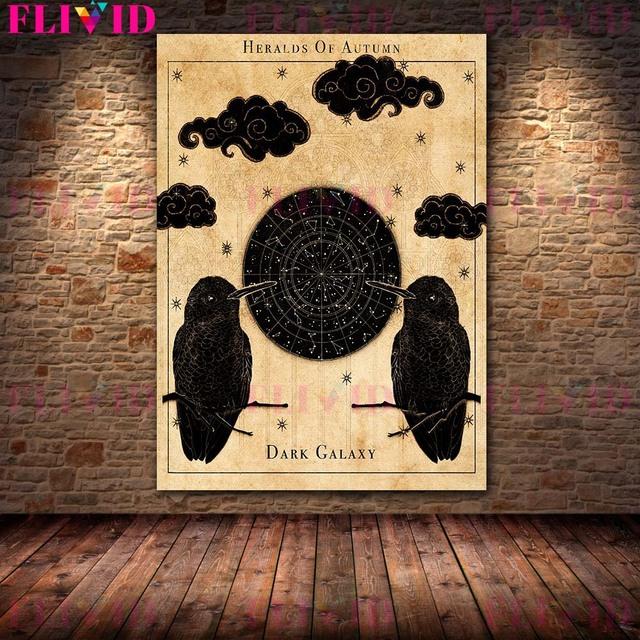 Дом-призрак и черная магия, ретро, ​​настенная живопись, холст, картина, вороны и черная луна, волшебство, поклонение, художественный постер