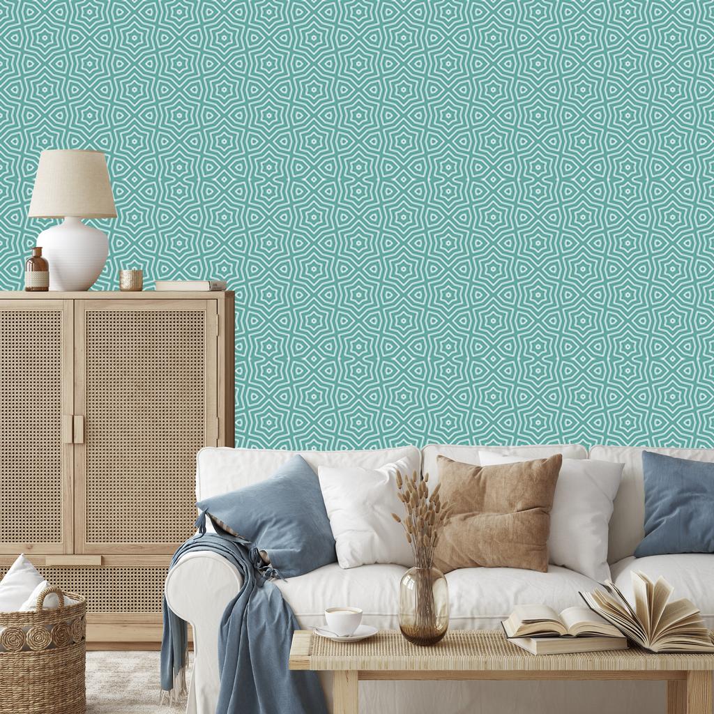 Geometric Pattern Wallpaper in Sea and Turquoise for Living Room and Bedroom 50x1000