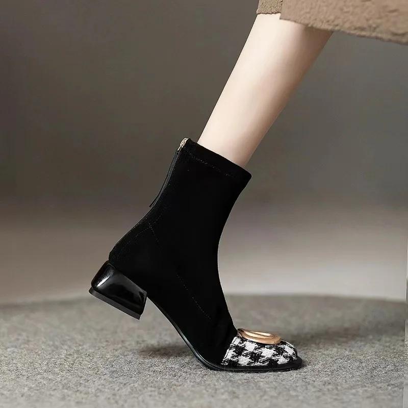 Модные женские полусапожки челси на среднем каблуке, массивные замшевые ботильоны, зимняя мода 2024, новые ботинки на молнии, туфли-лодочки для ходьбы, панк, теплые боты-носки