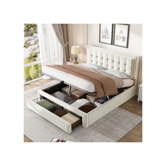 Lit 140x200 - MUVOE - Rembourré - Velours Beige - 2 Tiroirs - Sommier à Lattes