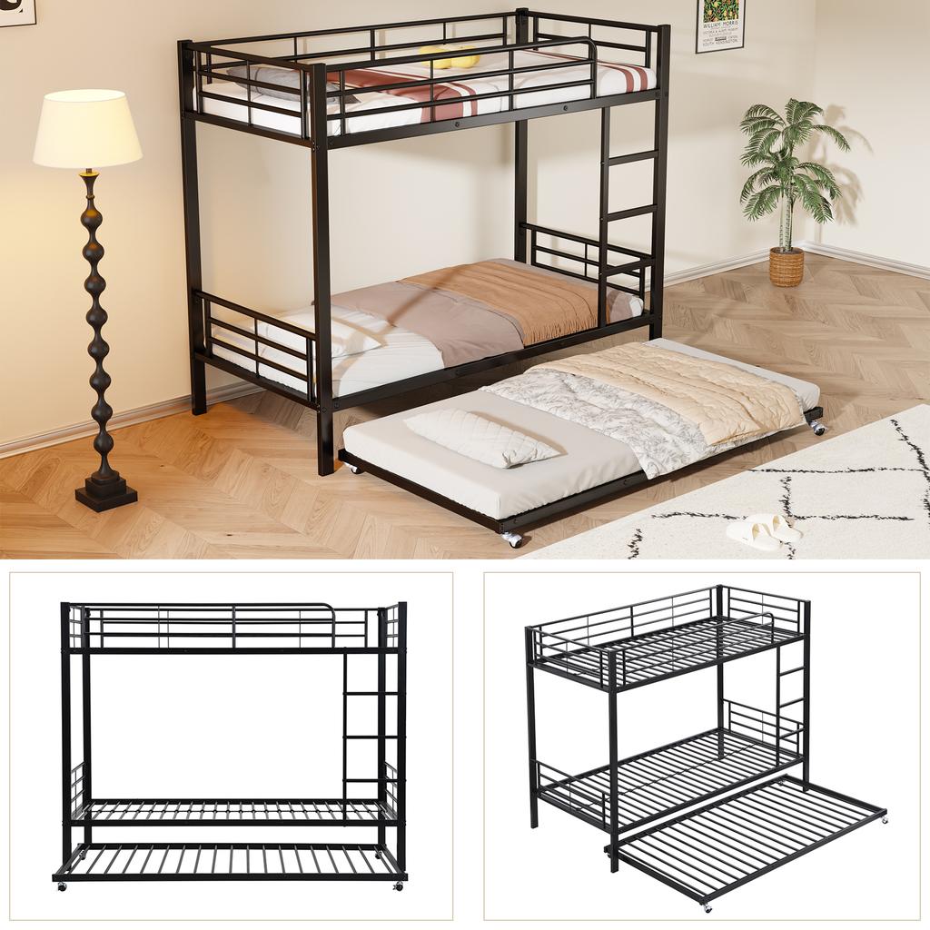 Iron Bed, Bunk Bed, Suitable for Children and Teenagers, with Pull-Out Bed, Four Side Rails on the Upper Bed, Iron, Black, 90x200cm&90x190cm