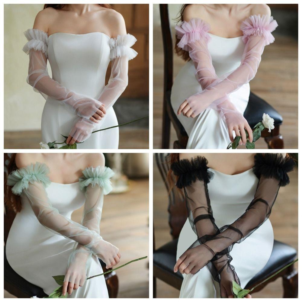 Korean Style Wedding Long Sleeves Solid Color Pleated Lace Arm Covers Bridal Arm Sleeves Female