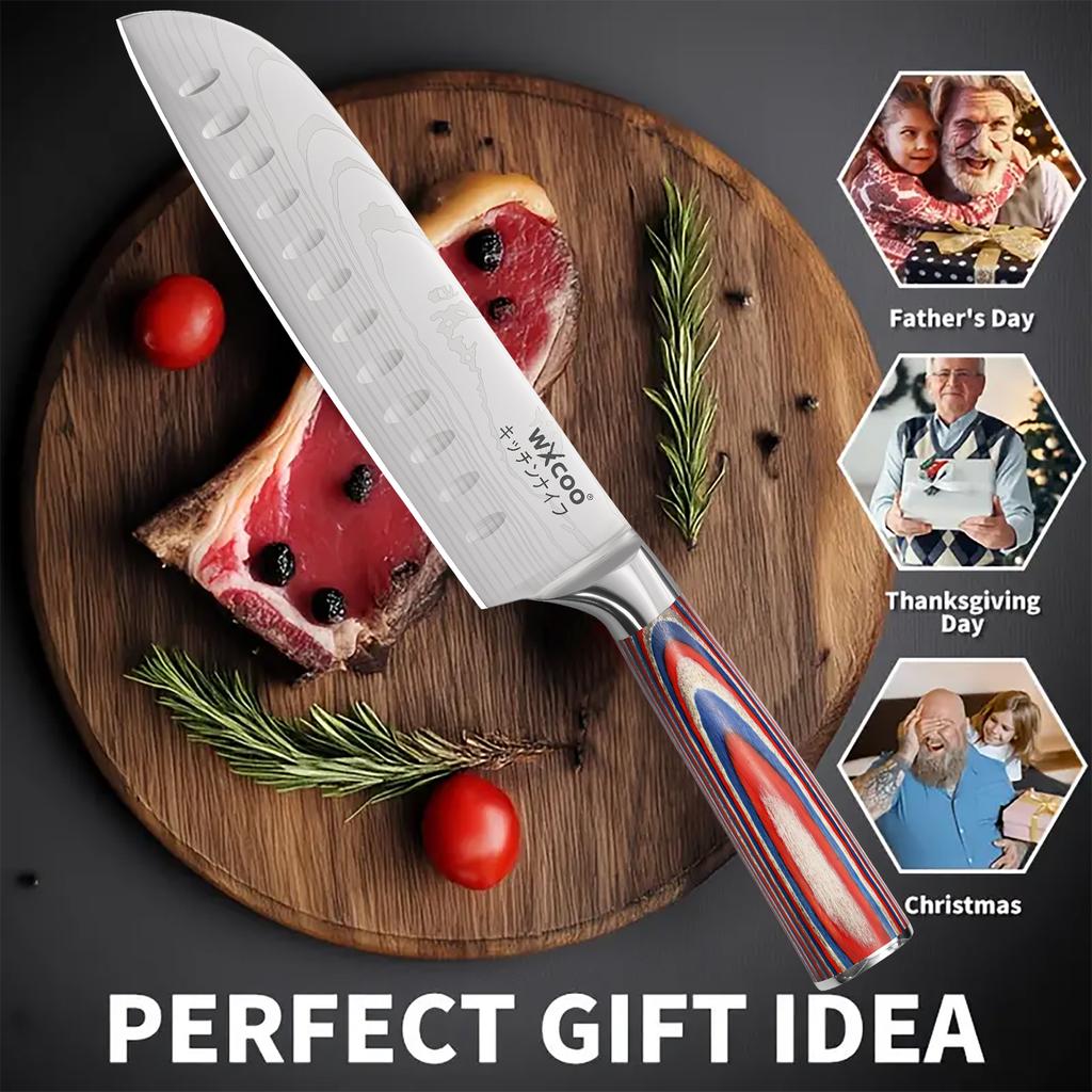 5PCS Damascus Pattern Chef Knife Kitchen Knife Meat Cleaver Wood Handle Paring Utility Santoku Slicing Knife