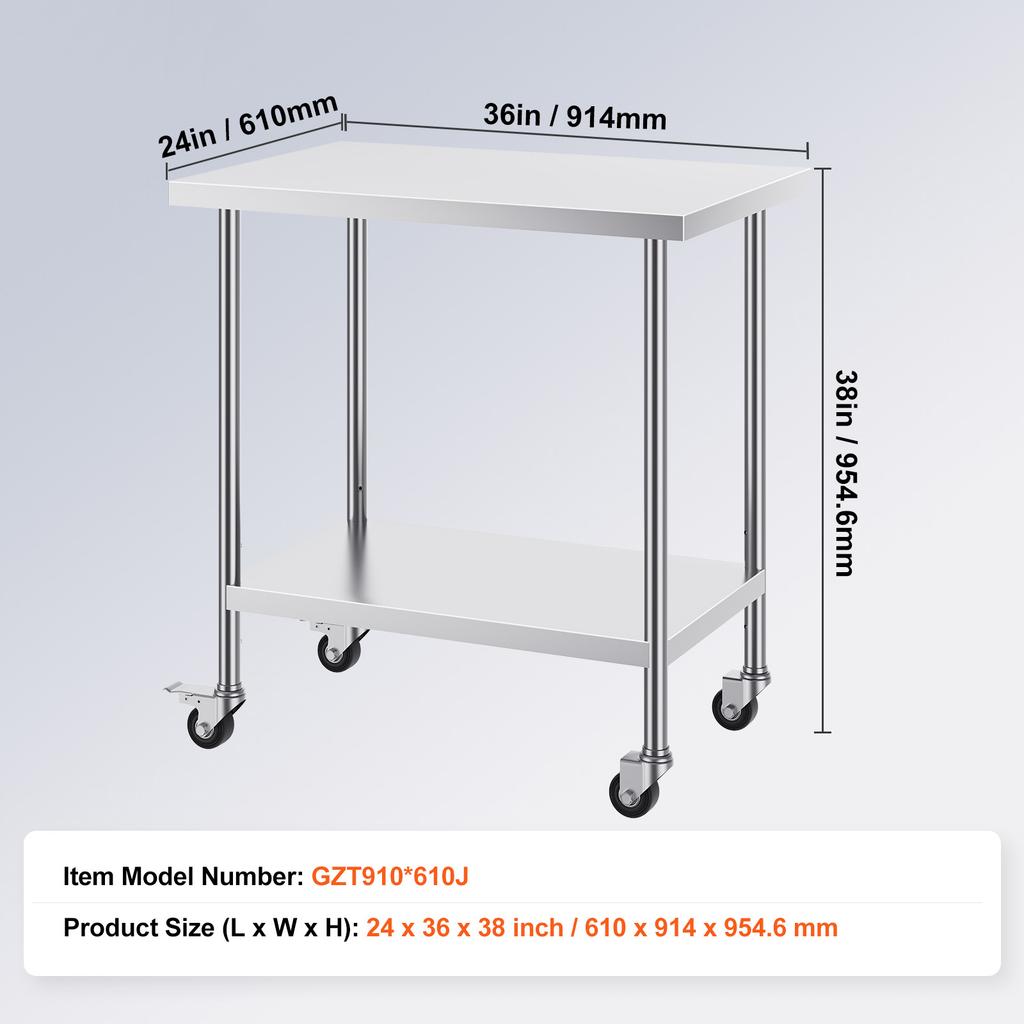 SucceBuy Stainless Steel Work Table with Wheels 3 Adjustable Height Levels Heavy Duty Food Prep Worktable for Commercial Kitchen