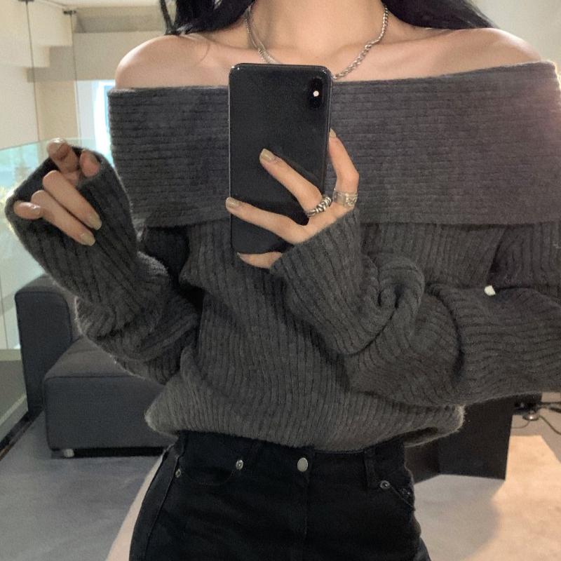 Осенние облегающие сексуальные свитера с открытыми плечами, вязаные свитера для женщин, модные повседневные зимние свитера с разрезом по шее, женские винтажные короткие джемперы, топы 25529