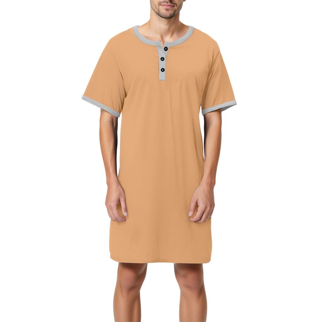 Мужская однотонная хлопковая пижама с коротким рукавом, рубашка на пуговицах с отложным воротником, длинная свободная пижама, домашняя одежда