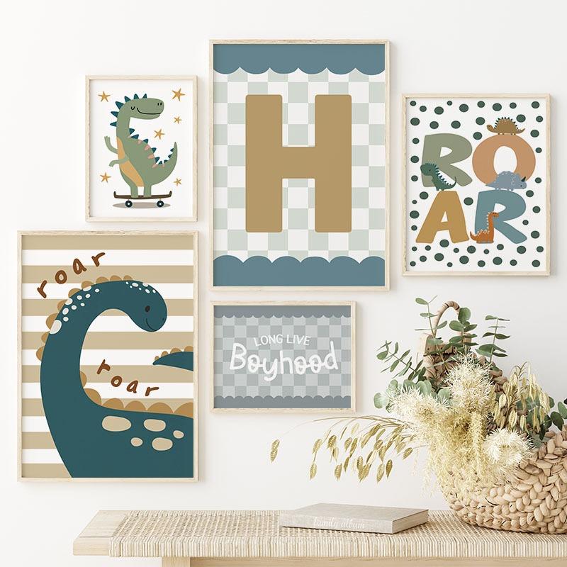 Мультфильм динозавр индивидуальный детский имя настенное искусство холст картина скандинавский динозавр плакаты и принты настенные картины дети декор детской комнаты