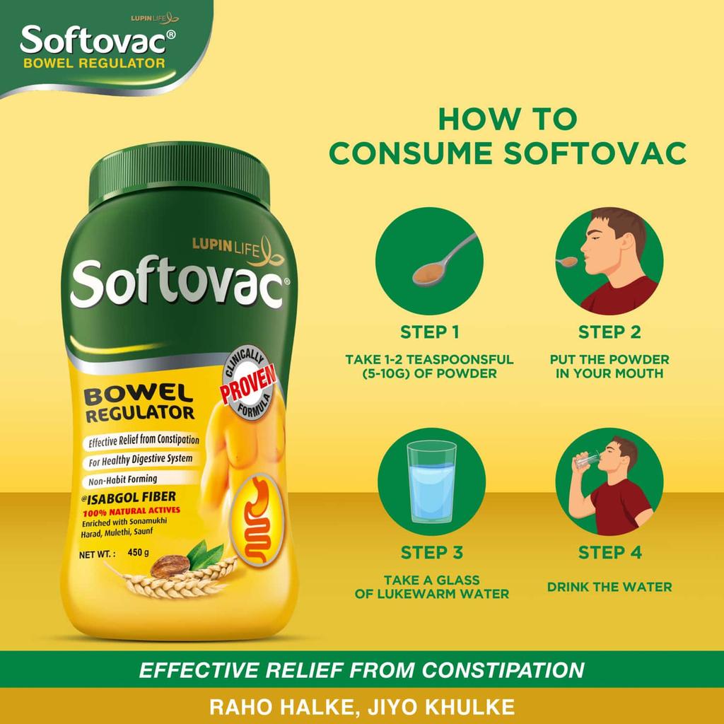 Softovac Isabgol Порошок для регуляции работы кишечника 450 г – Мягкое слабительное, Клетчатка шелухи подорожника, Снимает вздутие живота, Поддерживает пищеварение, Не вызывает привыкания