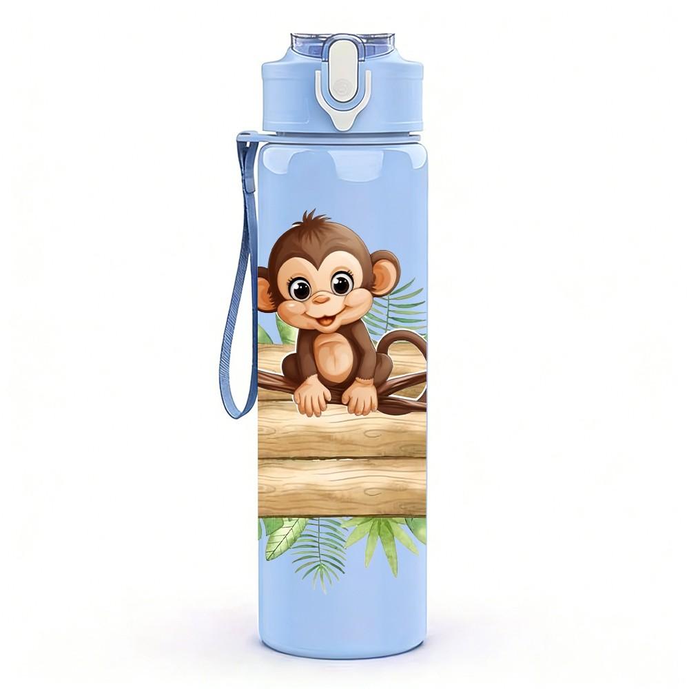 1PC Monkey Sitting In Wooden Box Cartoon 750ml Color Plastic Sports Water Bottle Leakproof Flip Straw Lid Suitable for Sports Office Home Use