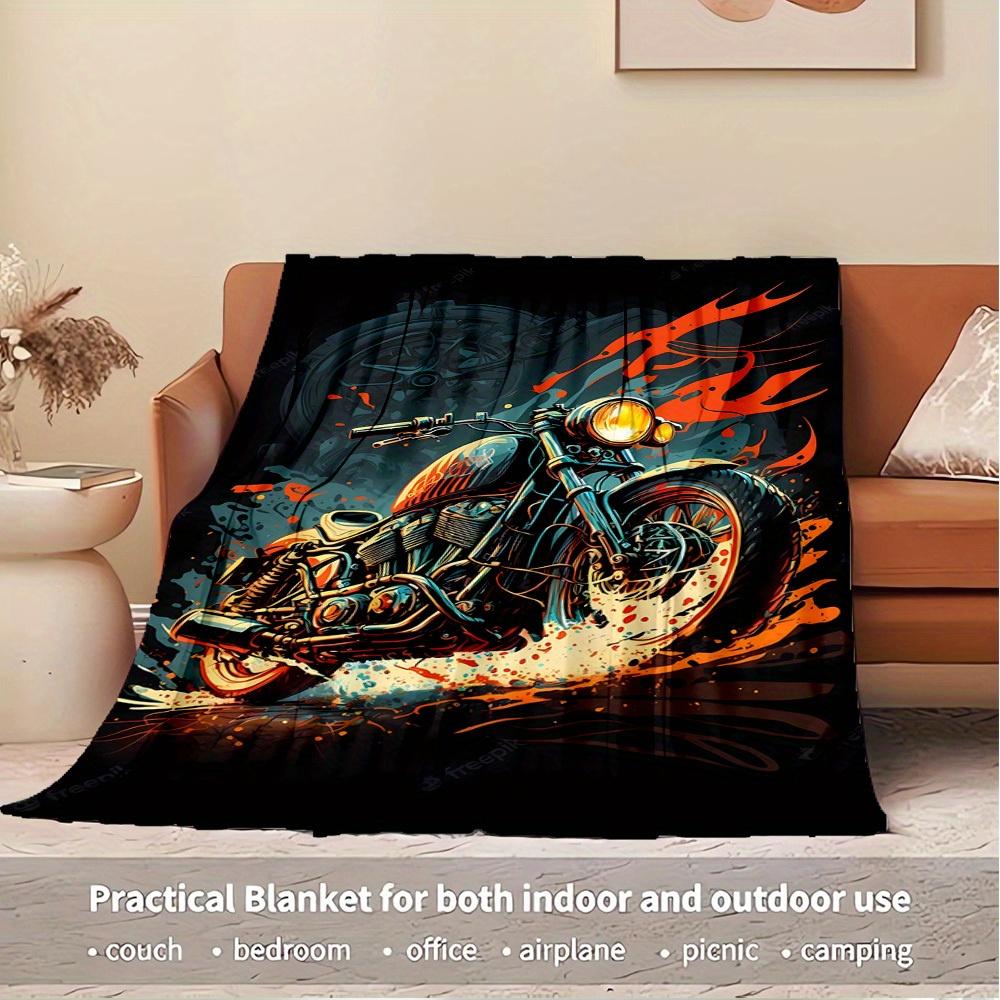 1pc Motorcycle,Flame,Artwork Digital Print Flannel Blanket - Contemporary Style, Suitable for All Seasons, Perfect for Home, Travel, or Camp