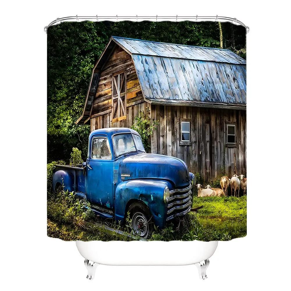 Rustic Shower Curtain Old Wooden Barn with Rusted Tractor Hillside Wooden Fence and Trees Cloth Fabric Bathroom Decor with Hooks