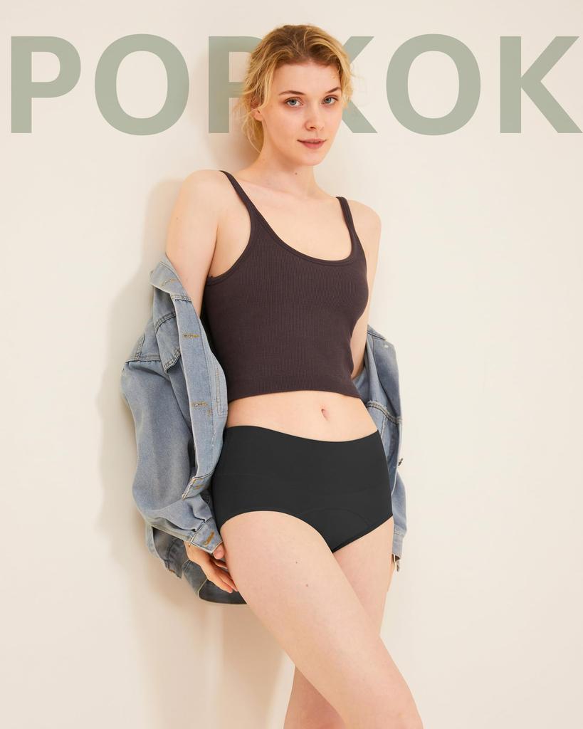 Гигиенические шорты для менструального белья высокие внутренние набор из 3 [POPKOK] женщины, шорты, набор, хлопок, талия, непромокаемые, трусы, нижнее белье, (черный, ЛЛ)