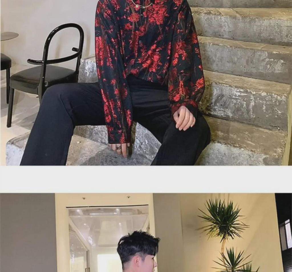 Men's Retro Rose Print Loose Western-Style Shiny Shirt for Trendy Hairdressers
