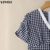 VONDA Women Stitching V Neck Short Sleeve Plaid Print Casual Pleated Dress