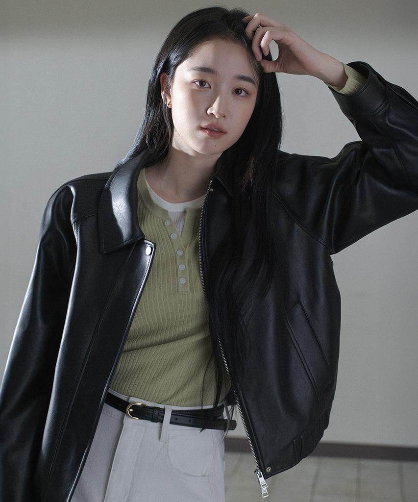 Mind Bridge Women [W] Black Leather Blouson Oversized Jumper