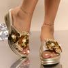 Fashion 2025 New Plus Size Women's Peep-Toe Wedge Sandals Glitter Rhinestone Flower Embellished Slip-On Slippers Summer Casual Shoes