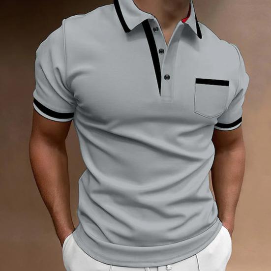 Мужская летняя рубашка с отложным воротником и пуговицами с коротким рукавом контрастного цвета, накладной карман, дышащий пуловер, приталенный повседневный повседневный топ средней длины