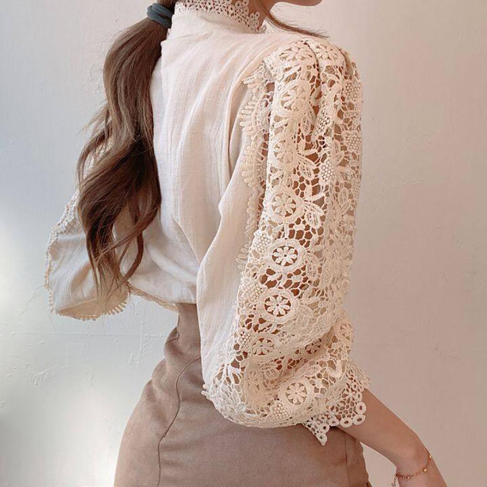 2023 Summer Lace Hollow Long-Sleeve Stand Collar Cotton Women's Shirt