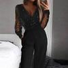 Women Jumpsuit See-through Mesh Patchwork High Waist with Pockets Wide Leg V Neck Prom Party Formal Banquet Jumpsuit