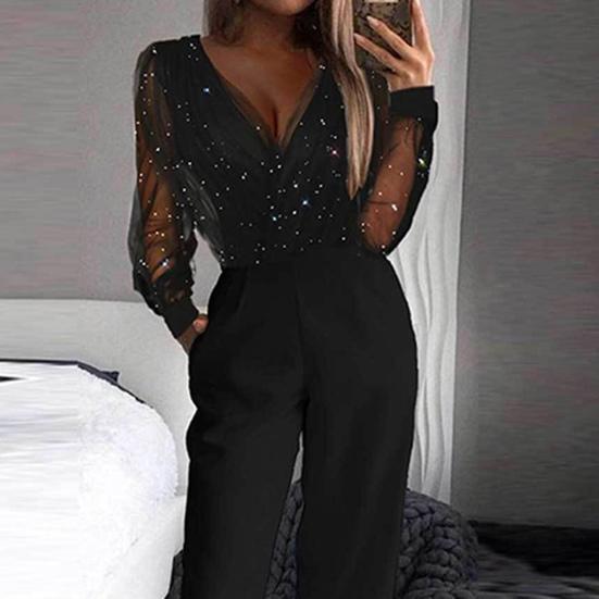 Women Jumpsuit See-through Mesh Patchwork High Waist with Pockets Wide Leg V Neck Prom Party Formal Banquet Jumpsuit