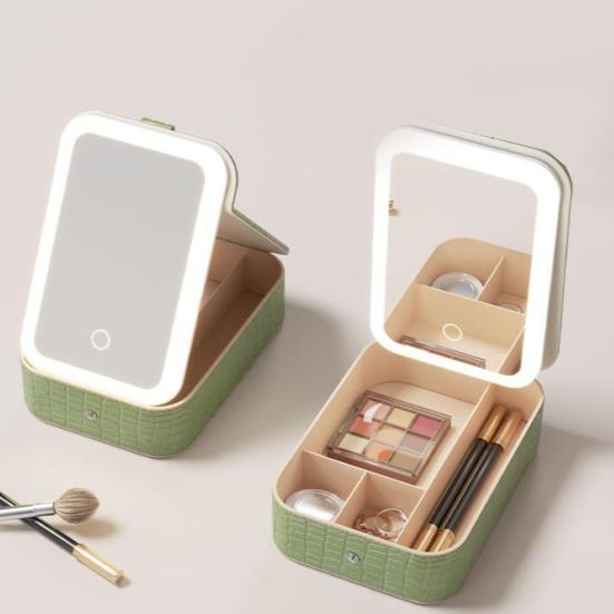 Ящик для хранения косметики со светодиодной подсветкой. Зеркало. Регулируемое 3 режима освещения. Перезаряжаемый с несколькими отделениями. Футляр для ювелирных изделий. Органайзер для макияжа на открытом воздухе.