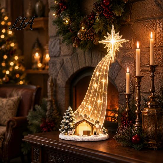Cozy Holiday Room Lighting LED Waterfall Christmas Shelf Sitter Figurine, Light Up Santa Claus Snowman Festive Mantel Display Angel Statue, Bookshelf
