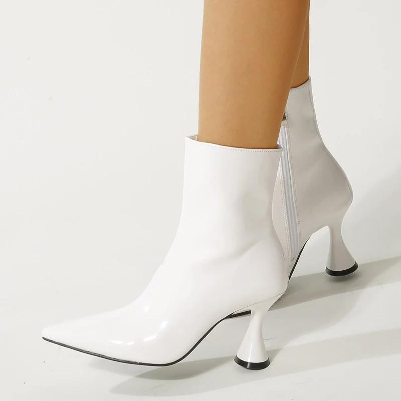 2024 Модные женские сапоги из лакированной кожи, зимние ботильоны карамельного цвета, сексуальные заостренные носки на высоком каблуке, женская обувь, ботинки на молнии