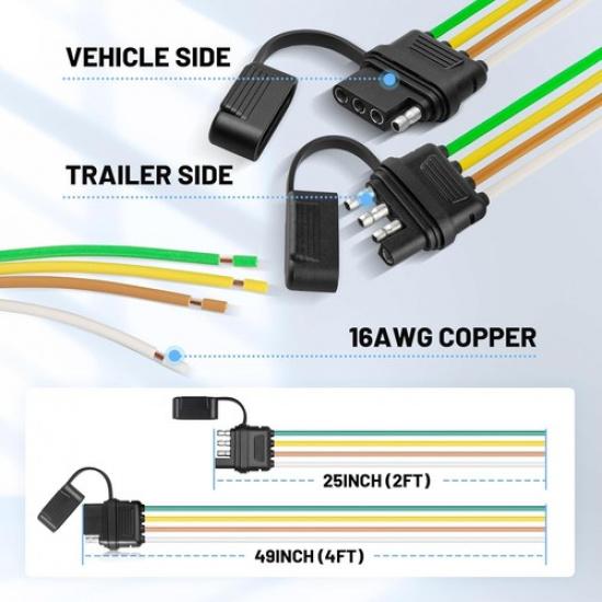 4 Pin Trailer Wiring Harness w/Dust Cover, 16AWG 48-Inch Vehicle & Trailer-Side