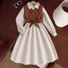 Girls' Fashion Set 2025 Autumn Children's Casual Elegant Retro Belt Waistcoat Long-sleeved Dress Two-piece Set