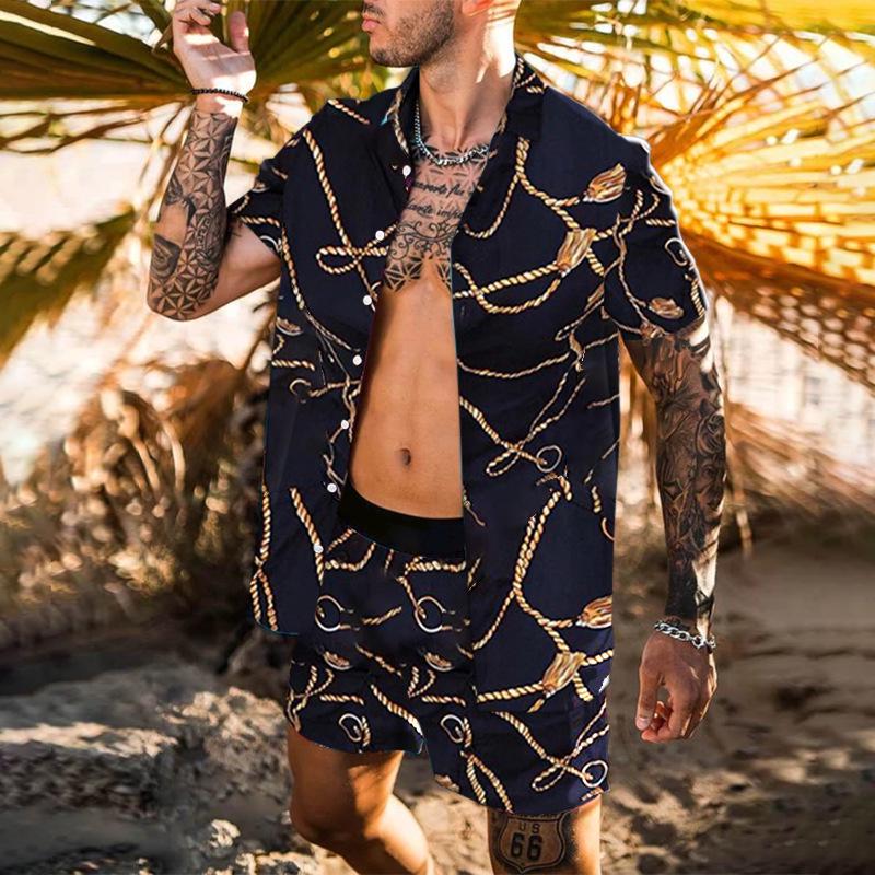 2022 Summer European & American Men's Casual Loose Short-sleeved Shirt & Shorts Beach Set