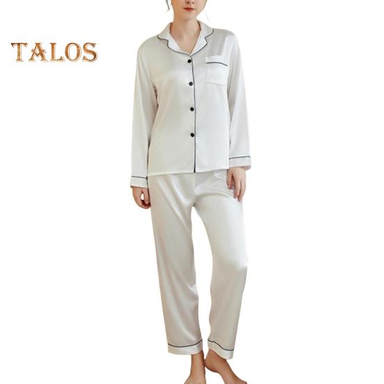 2 шт./комплект пижамный костюм атласный однобортный кардиган рубашка V-образный вырез воротник однотонная рубашка широкие свободные брюки ночная рубашка одежда для сна