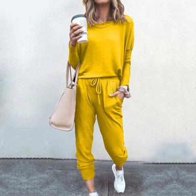 2 шт./комплект женский топ брюки костюм O-образный вырез длинные рукава однотонный спортивный свитшот эластичный пояс завязывающийся шнурок брюки до щиколотки фитнес-костюм