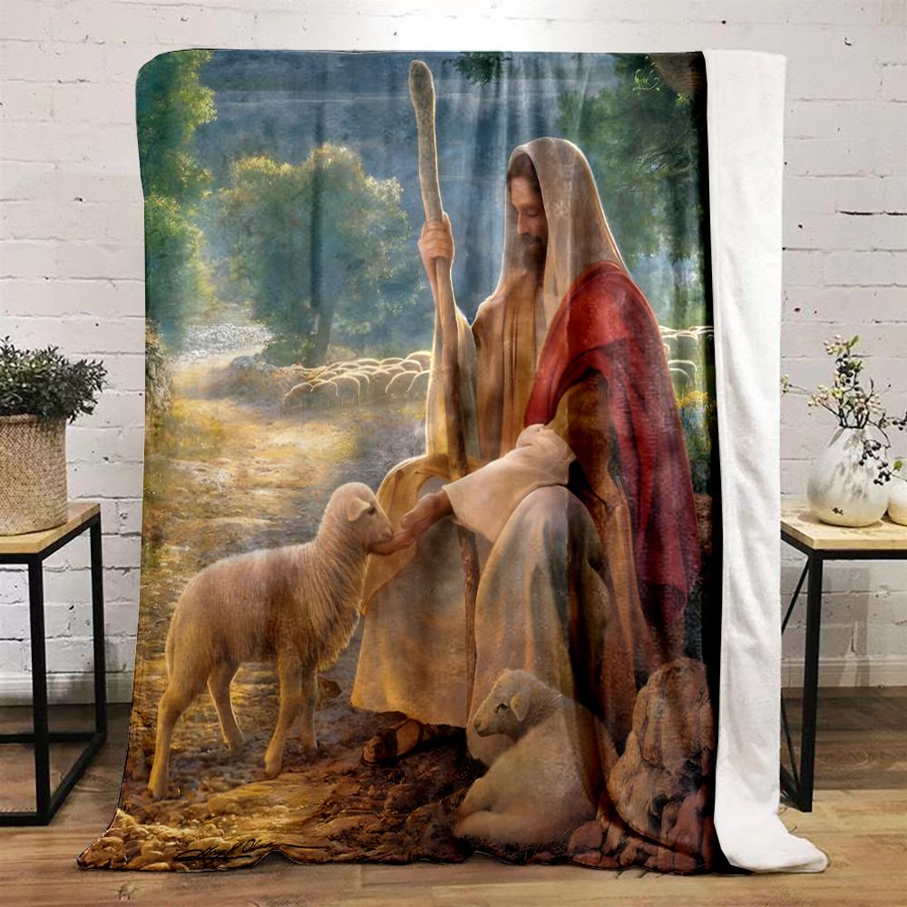 Shepherd with Lambs Pastoral Scene BlanketFlannel blanket for bedroom, living room, sofa, and nap