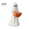 Festive Home Accents Halloween Ghost Figurine with Pumpkin Candy Bowl, Cute Resin Statue, Freestanding Vintage Style Ornament Trick or Treat